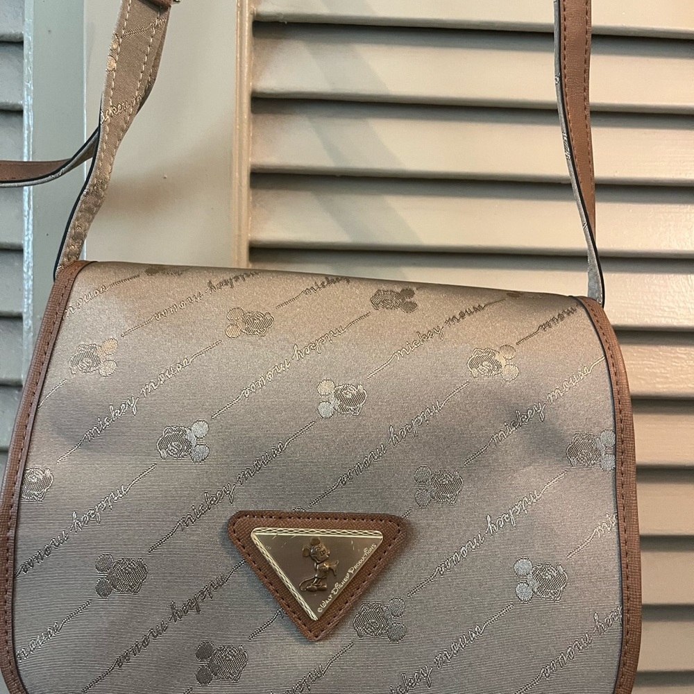 Tan Disney Crossbody Bag with Quilted Texture and Metallic Emblem NWT